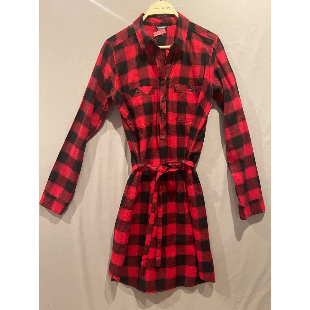 Tall Women's Eddie Bauer Light Flannel Red Black Checked Dress W\Belt 10T